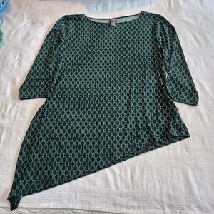 Chicos Asymmetrical Tunic Top Womens L Green Black Geometric Blouse EUC